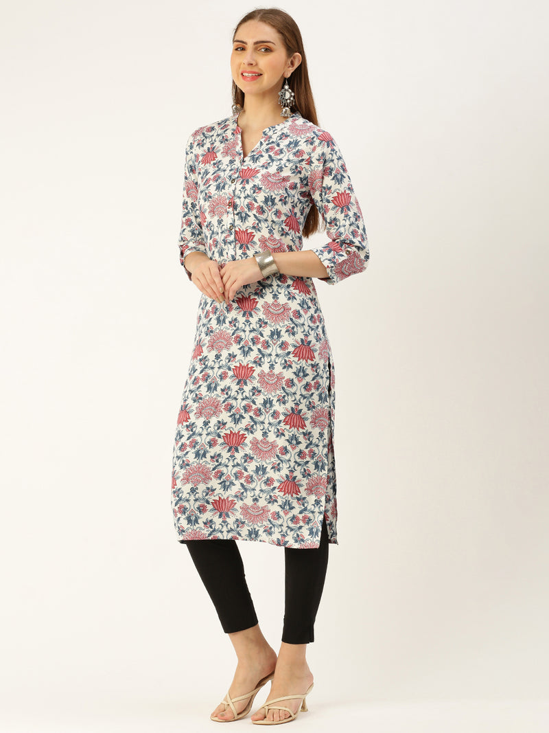 White & Multi Floral Printed Straight Rayon Kurta