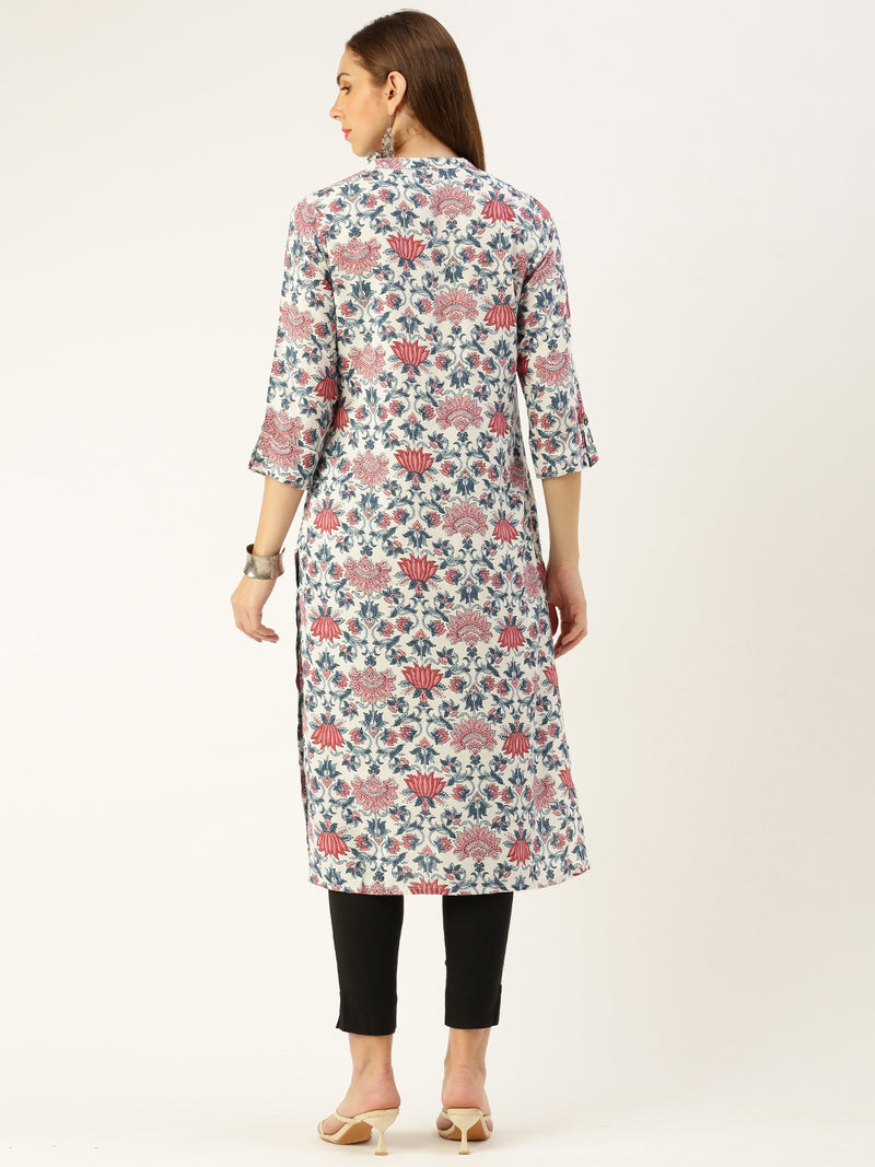 White & Multi Floral Printed Straight Rayon Kurta