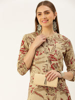 Beige Floral Printed Straight Cut Kurta
