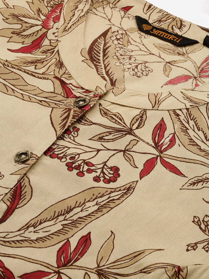 Beige Floral Printed Straight Cut Kurta