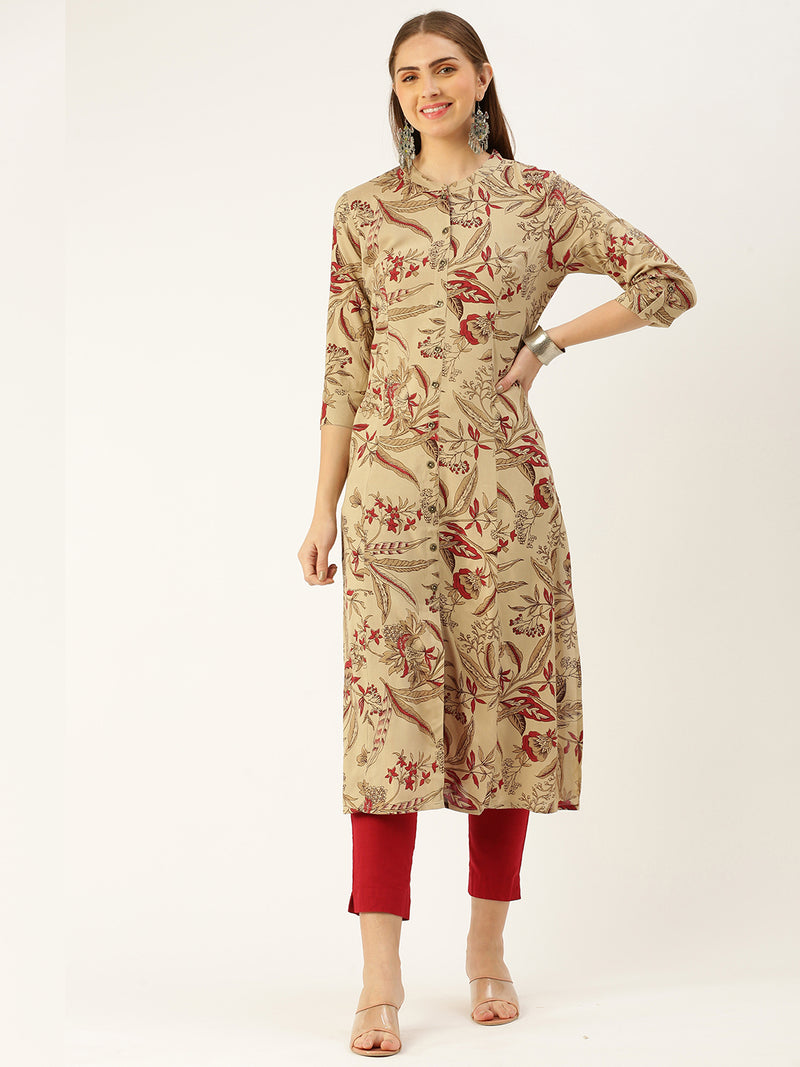 Beige Floral Printed Straight Cut Kurta