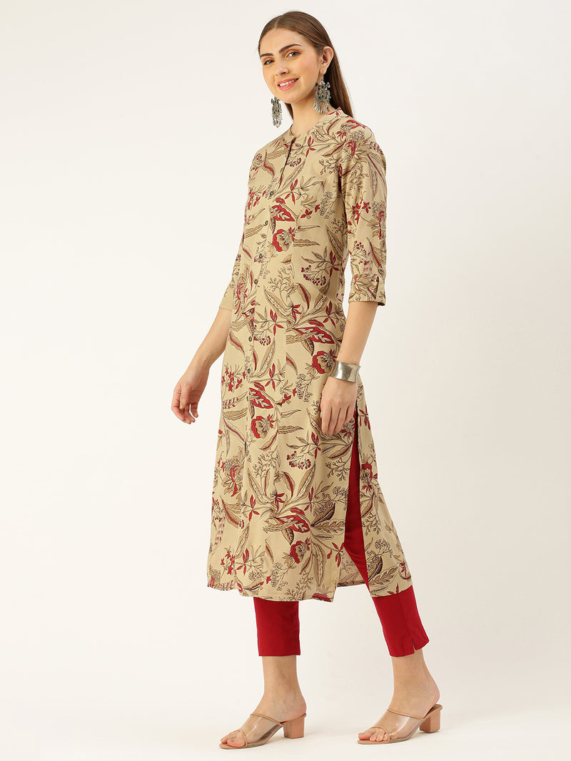 Beige Floral Printed Straight Cut Kurta