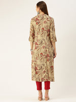 Beige Floral Printed Straight Cut Kurta