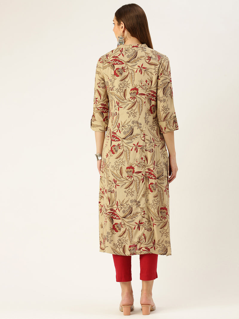 Beige Floral Printed Straight Cut Kurta