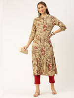 Beige Floral Printed Straight Cut Kurta