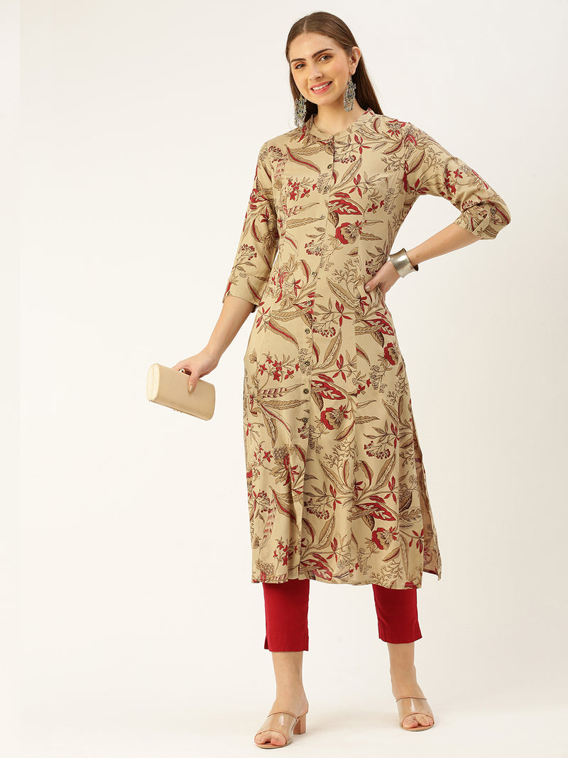 Beige Floral Printed Straight Cut Kurta