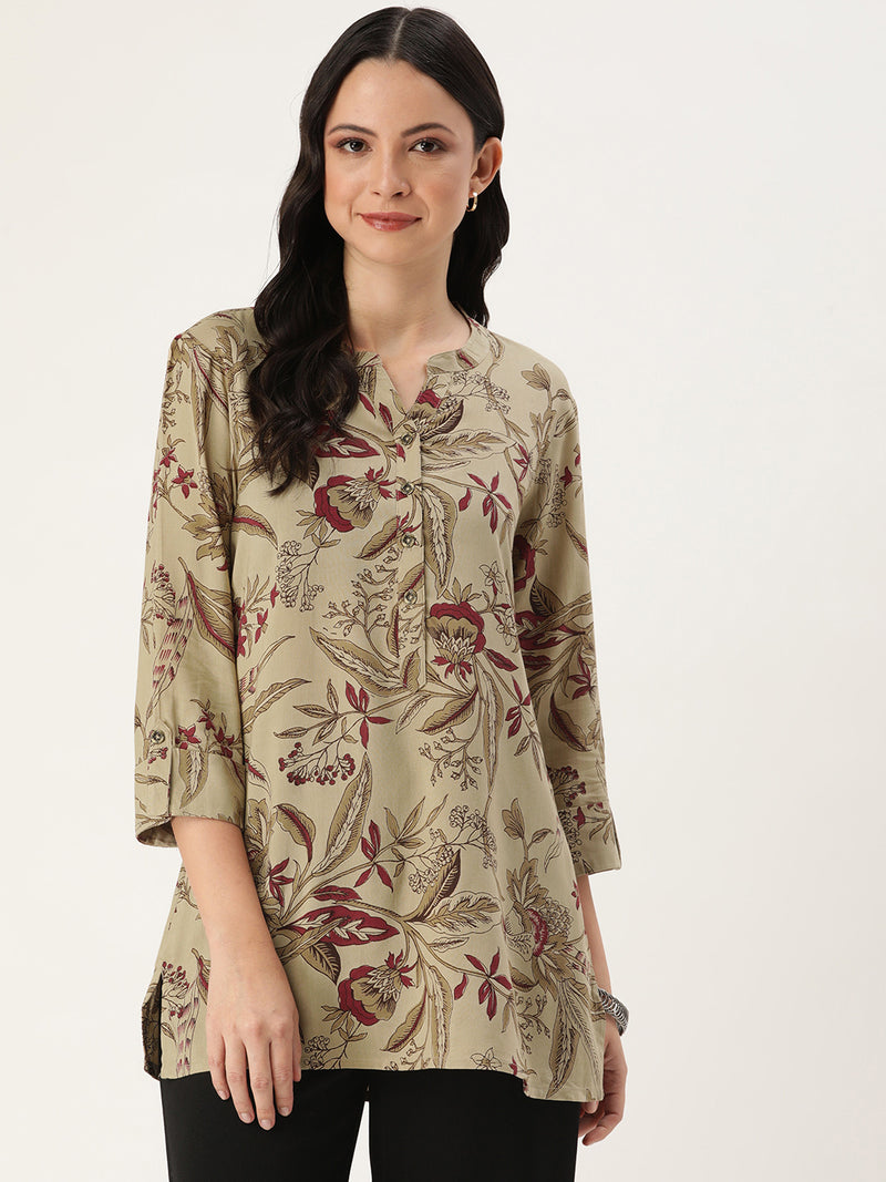 Beige & Red Mandarin Collar Printed Tunic