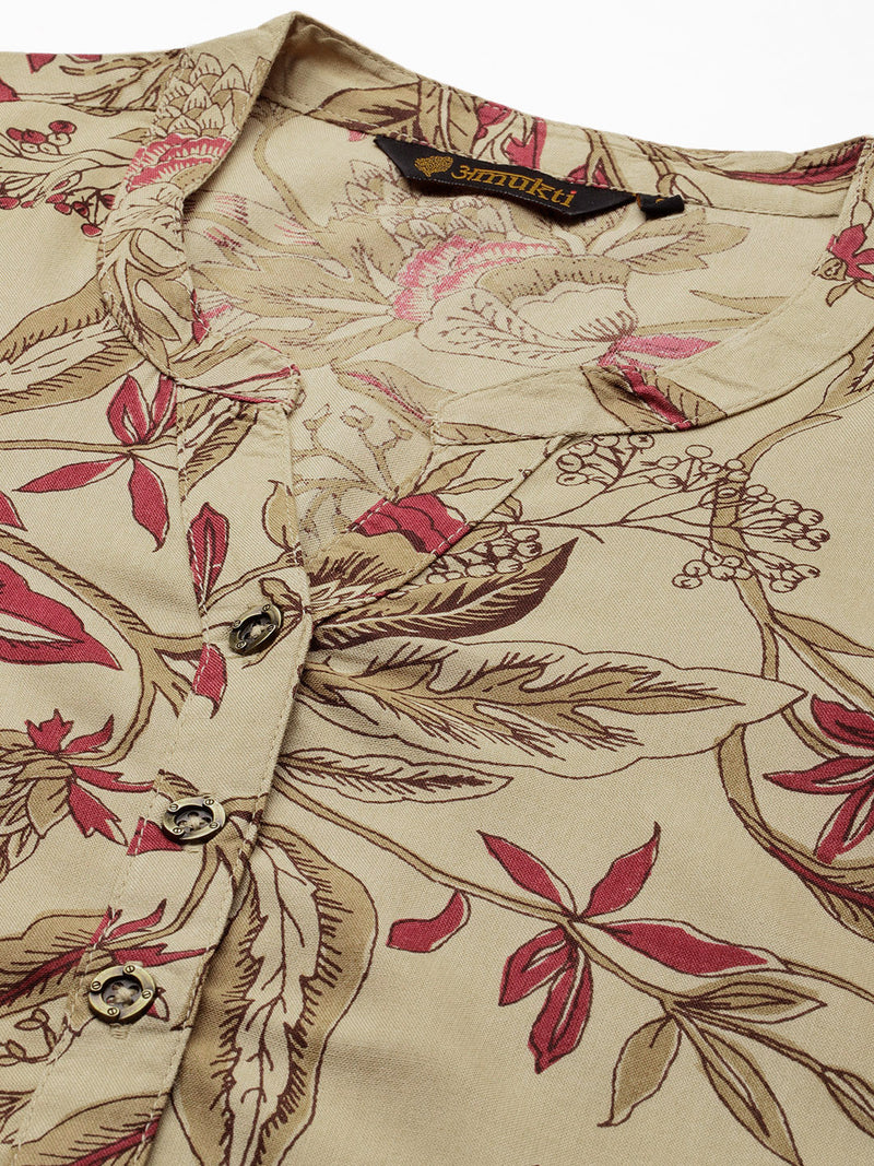 Beige & Red Mandarin Collar Printed Tunic