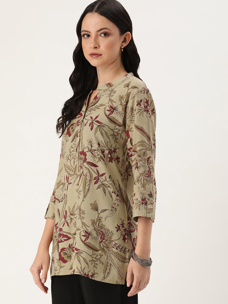 Beige & Red Mandarin Collar Printed Tunic