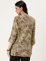 Beige & Red Mandarin Collar Printed Tunic