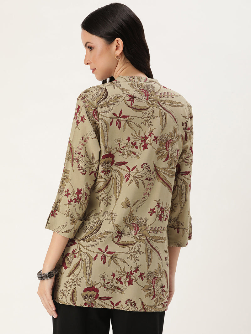 Beige & Red Mandarin Collar Printed Tunic