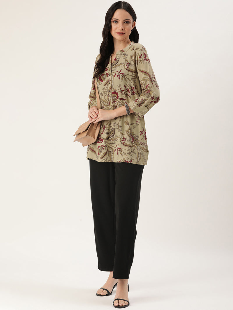 Beige & Red Mandarin Collar Printed Tunic