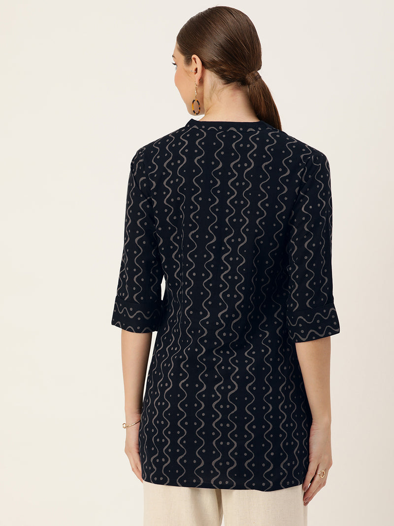 Black Mandarin Collar Printed Tunic