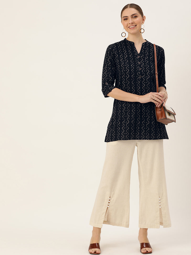 Black Mandarin Collar Printed Tunic