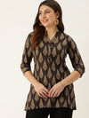 Brown & Beige Mandarin Collar Printed Ethnic Tunic