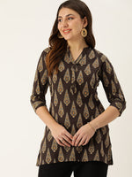 Brown & Beige Mandarin Collar Printed Ethnic Tunic