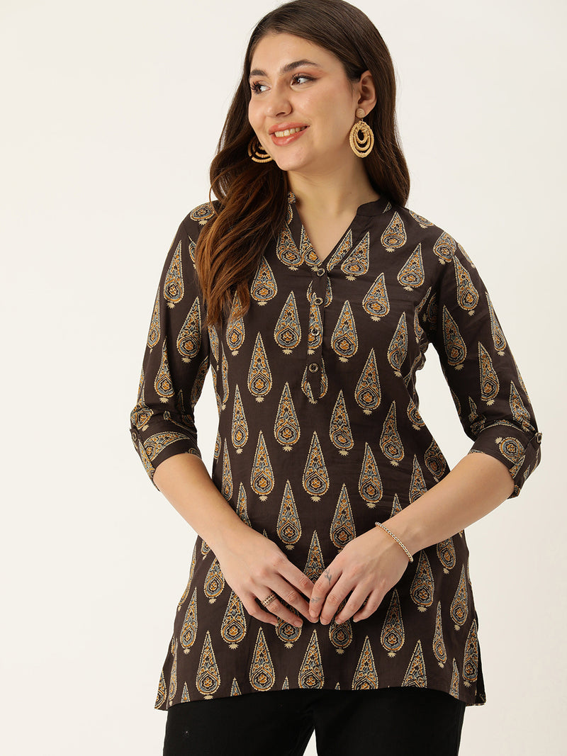 Brown & Beige Mandarin Collar Printed Ethnic Tunic