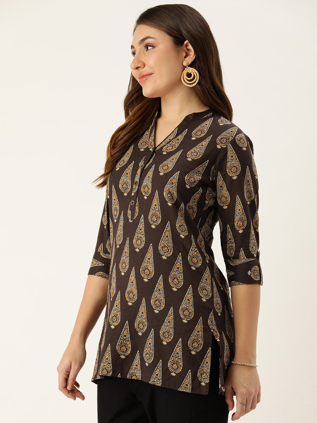 Brown & Beige Mandarin Collar Printed Ethnic Tunic