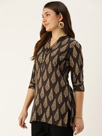 Brown & Beige Mandarin Collar Printed Ethnic Tunic
