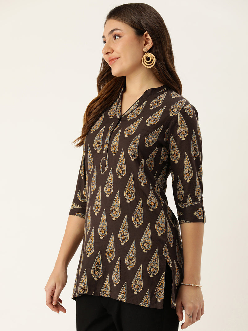 Brown & Beige Mandarin Collar Printed Ethnic Tunic