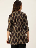Brown & Beige Mandarin Collar Printed Ethnic Tunic