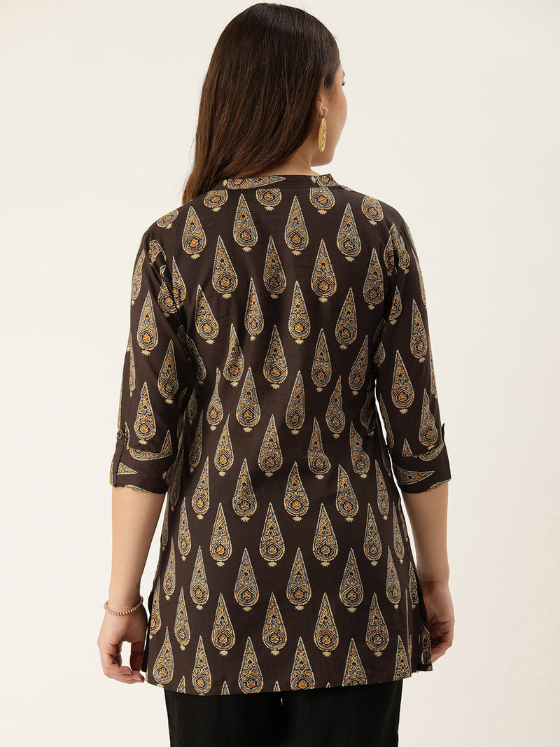Brown & Beige Mandarin Collar Printed Ethnic Tunic