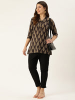 Brown & Beige Mandarin Collar Printed Ethnic Tunic