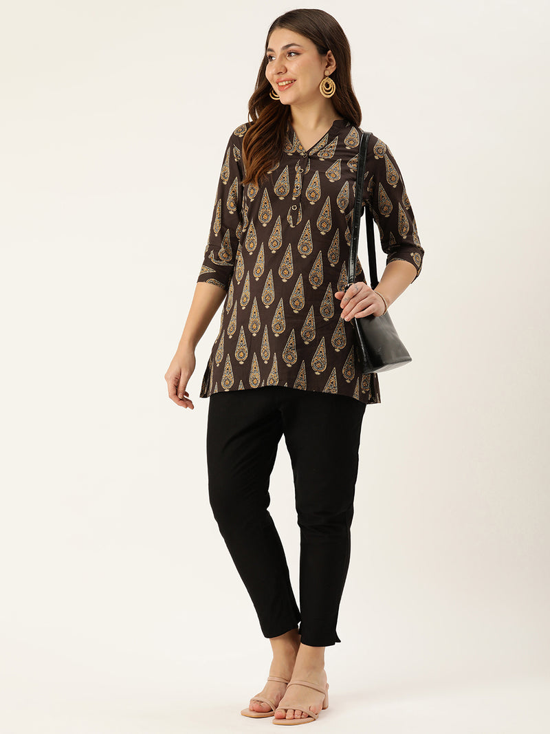 Brown & Beige Mandarin Collar Printed Ethnic Tunic