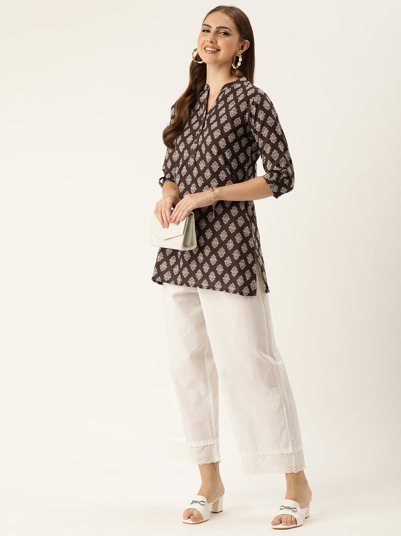 Brown Mandarin Collar Printed Ethnic Tunic