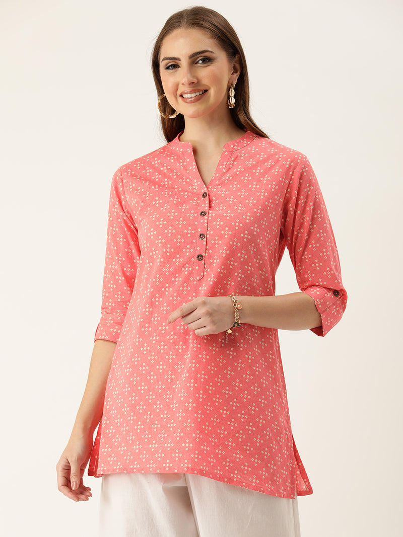 Pink & White Mandarin Collar Printed Ethnic Tunic