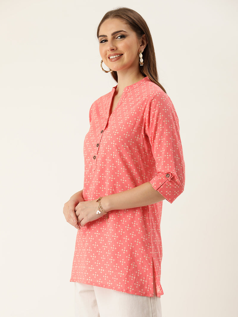 Pink & White Mandarin Collar Printed Ethnic Tunic