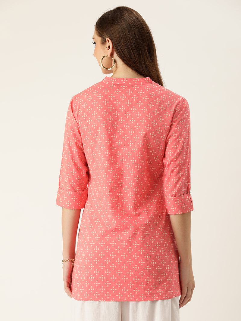 Pink & White Mandarin Collar Printed Ethnic Tunic