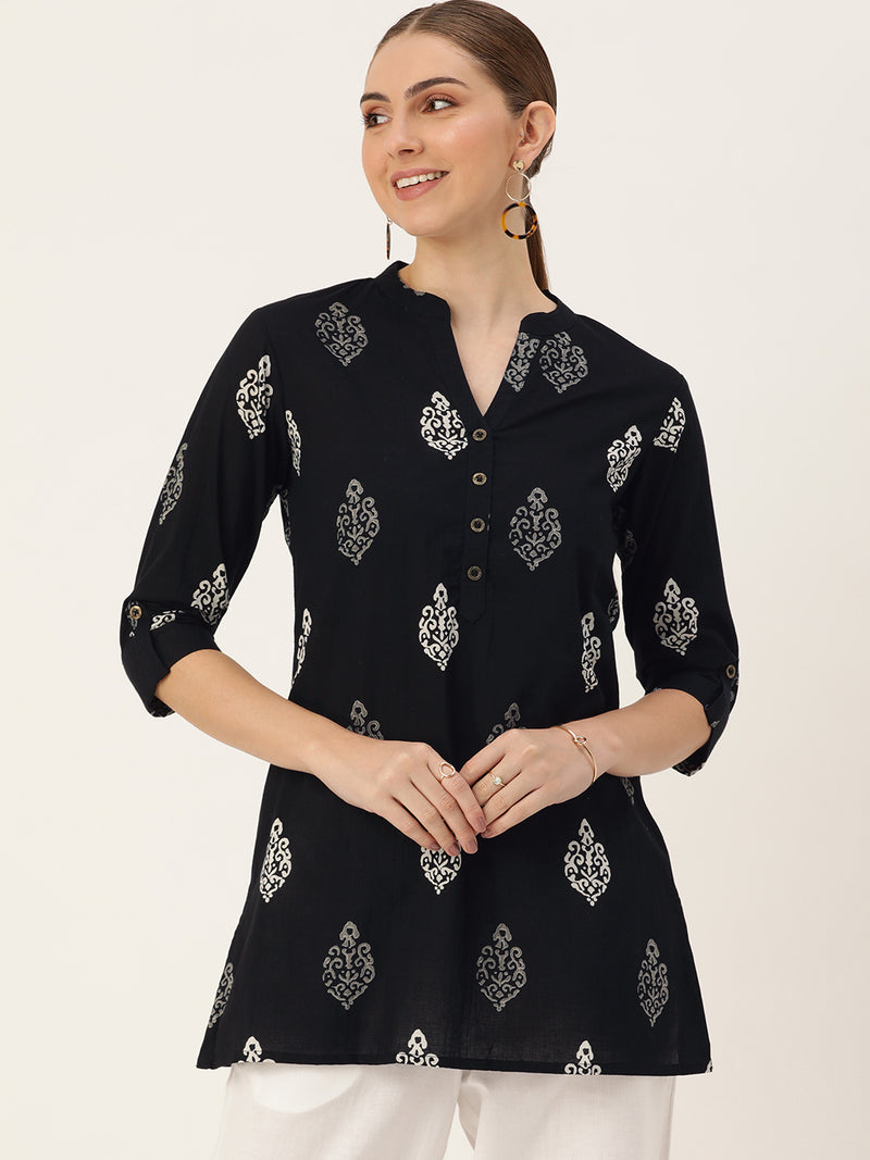 Black Mandarin Collar Printed Ethnic Tunic