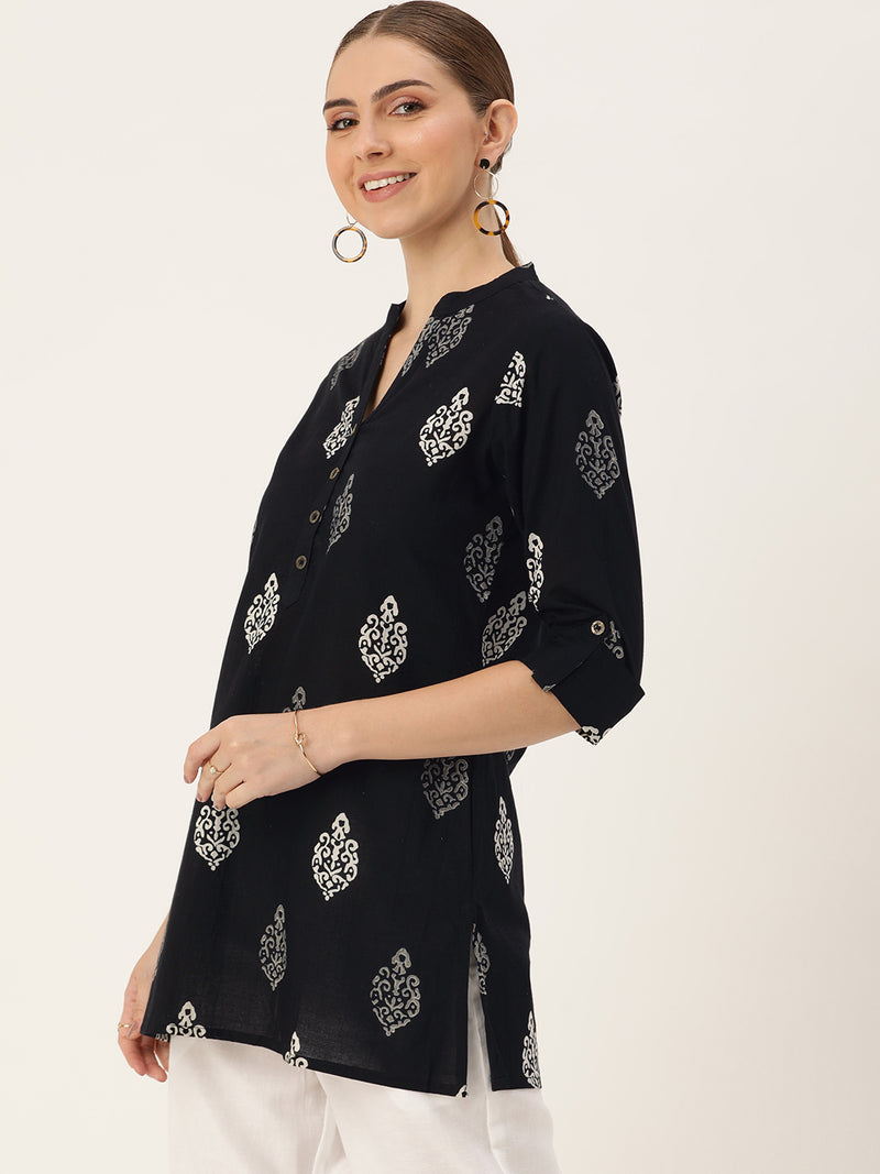 Black Mandarin Collar Printed Ethnic Tunic