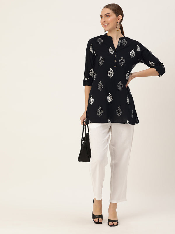 Black Mandarin Collar Printed Ethnic Tunic