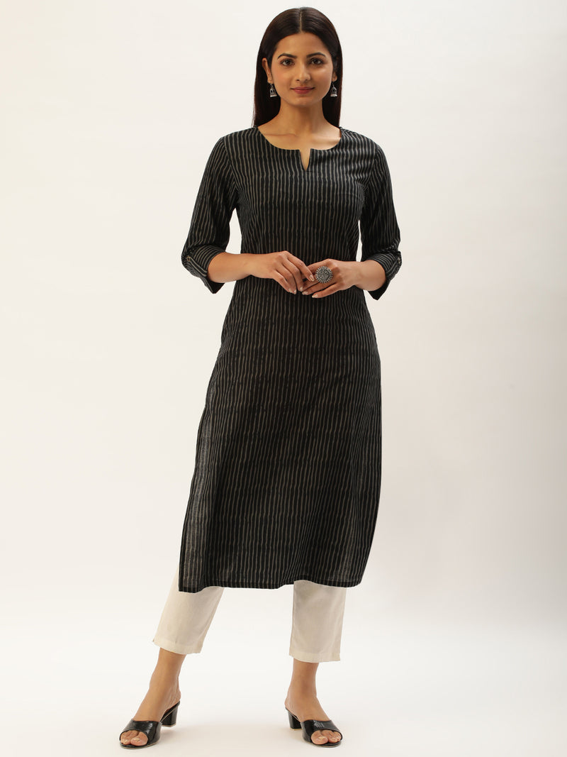 Black & Grey Striped Straight  Kurta