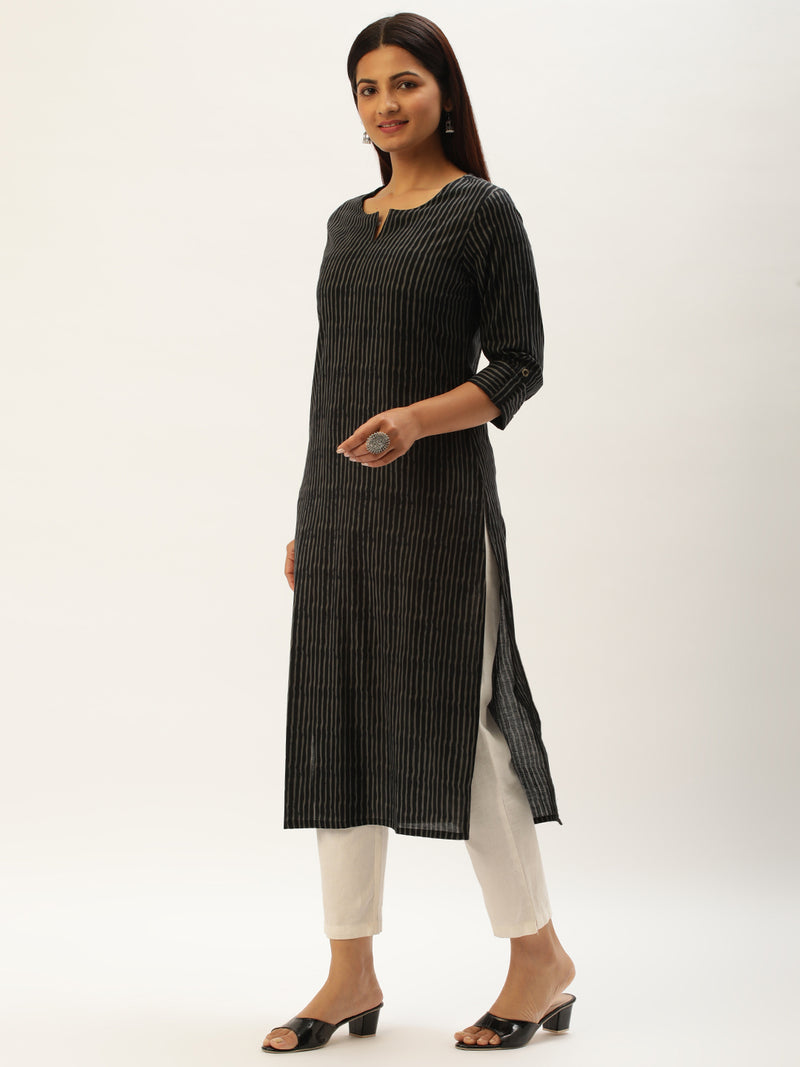 Black & Grey Striped Straight  Kurta
