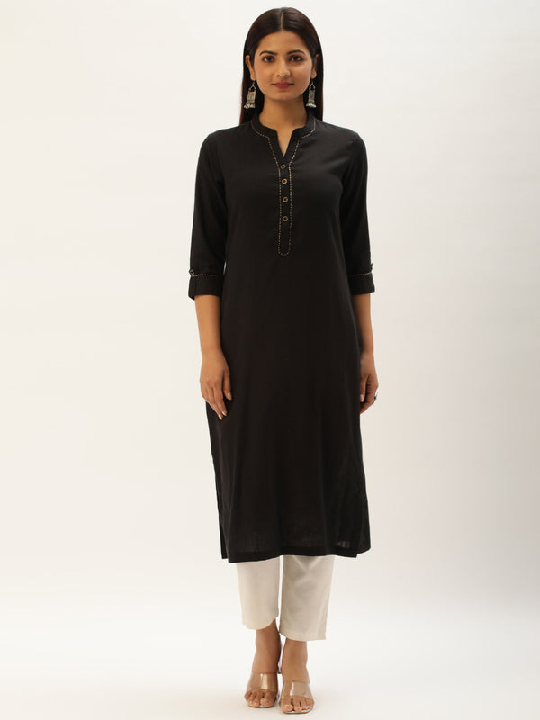 Black Embroidery Straight Cut Kurta with a pocket