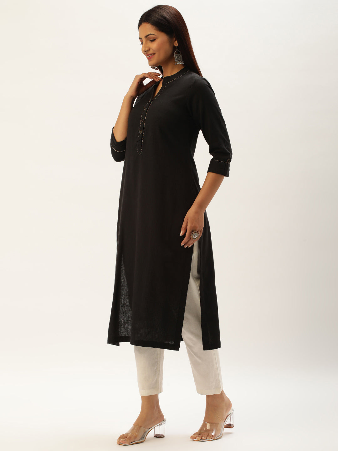 Black Embroidery Straight Cut Kurta with a pocket