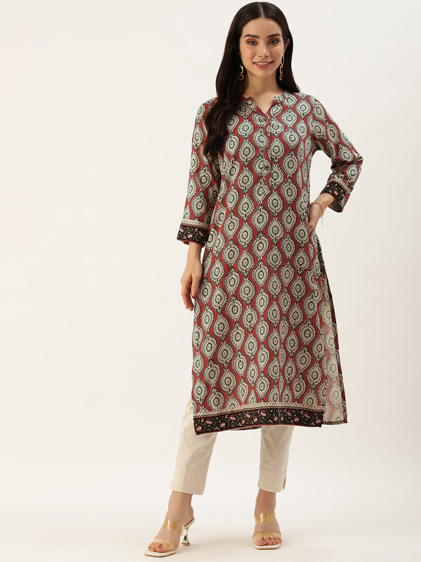 Red Ethnic Motifs Printed Straight Kurta with a pocket 
