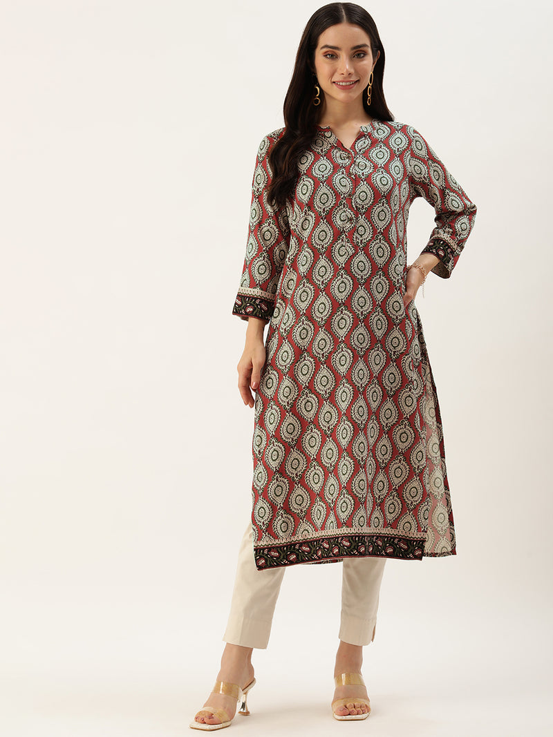 Red Ethnic Motifs Printed Straight Kurta