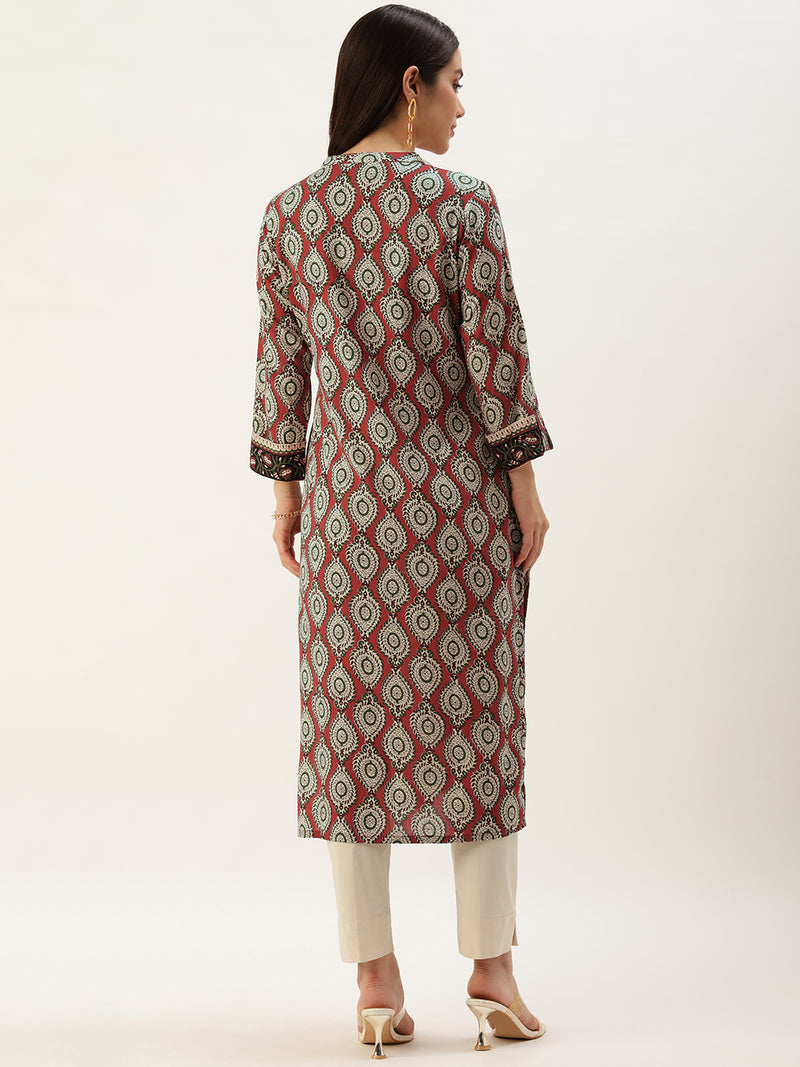 Red Ethnic Motifs Printed Straight Kurta