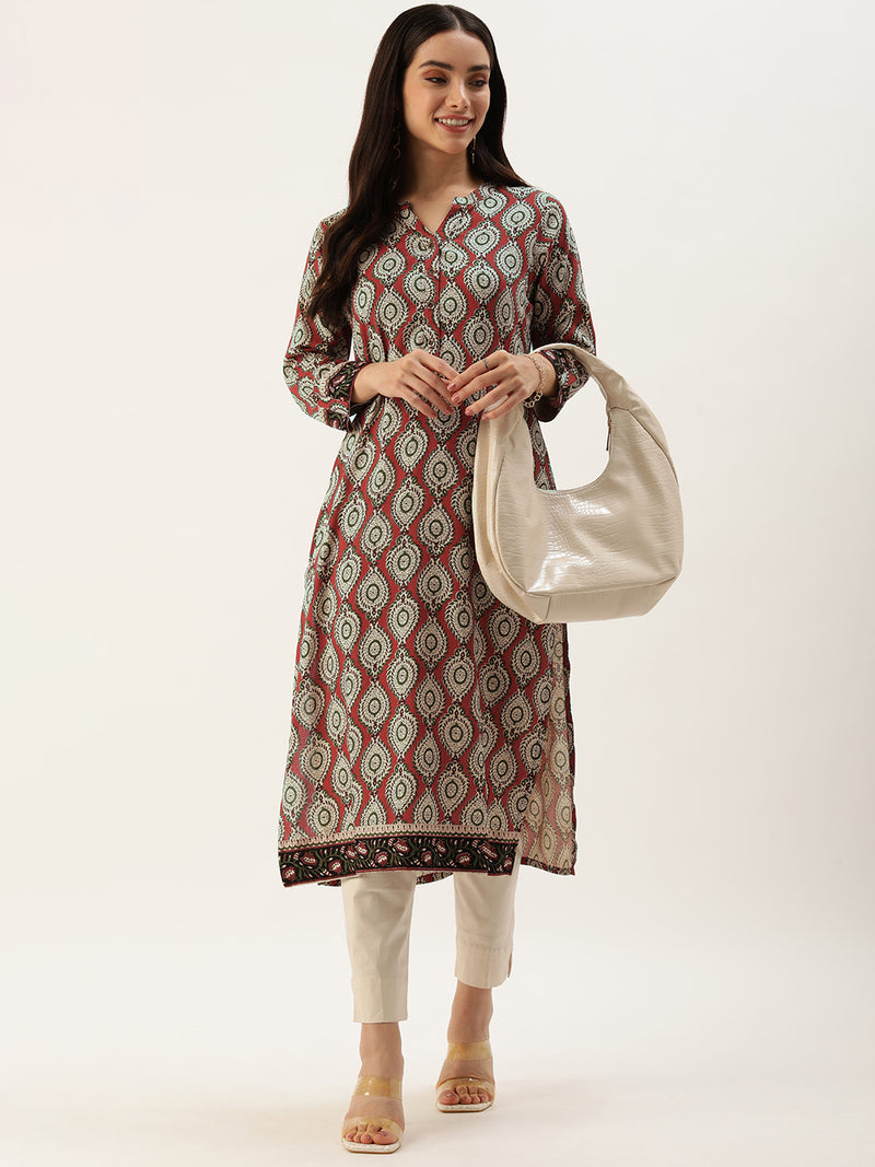 Red Ethnic Motifs Printed Straight Kurta