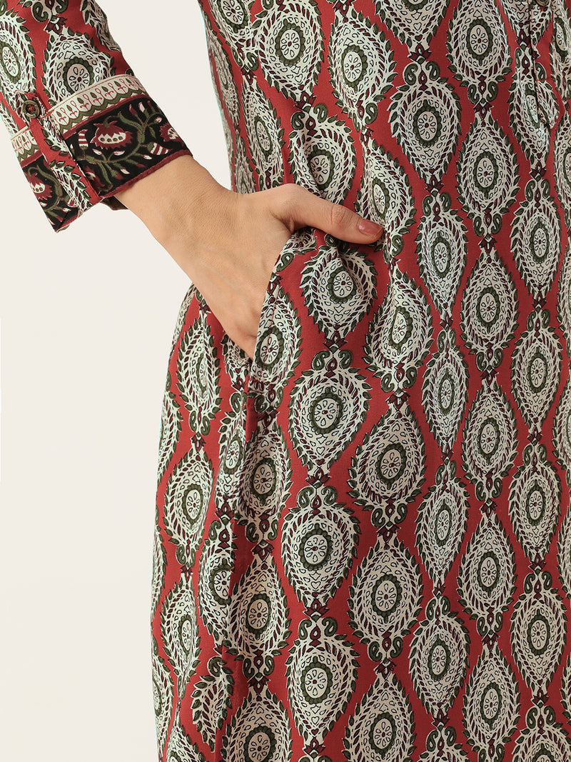 Red Ethnic Motifs Printed Straight Kurta