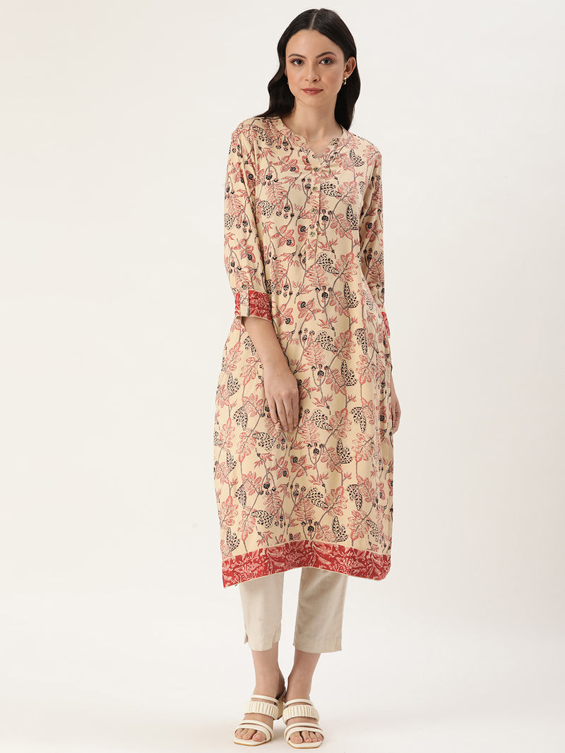 Beige Floral Printed Straight Cut Kurta
