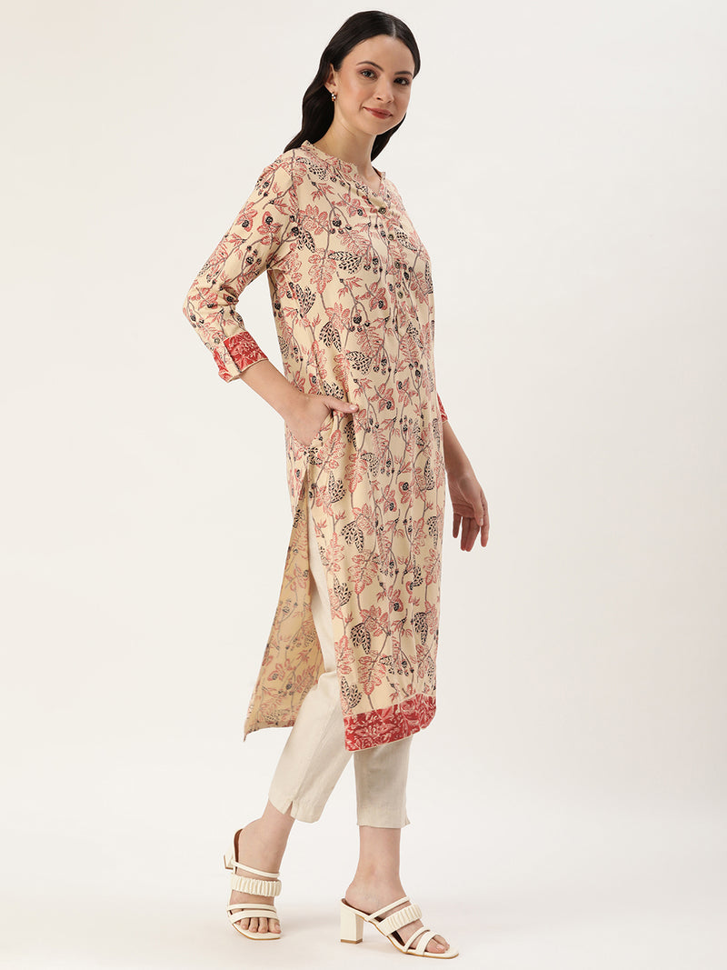 Beige Floral Printed Straight Cut Kurta