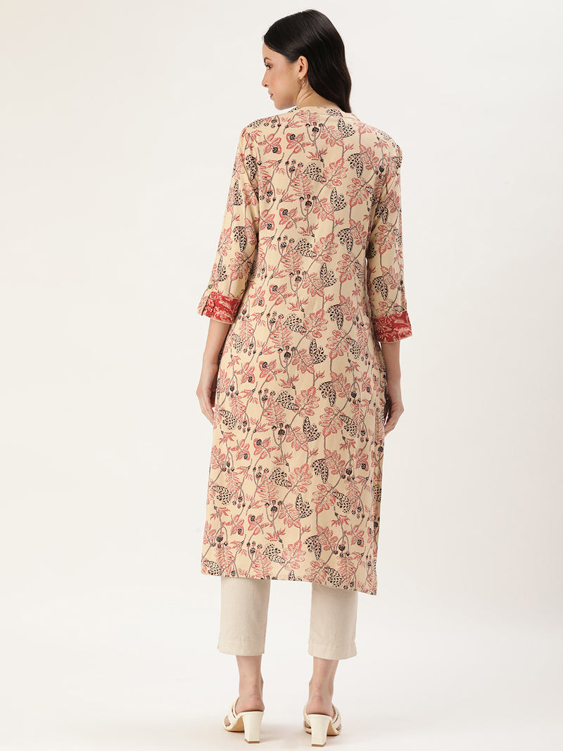Beige Floral Printed Straight Cut Kurta