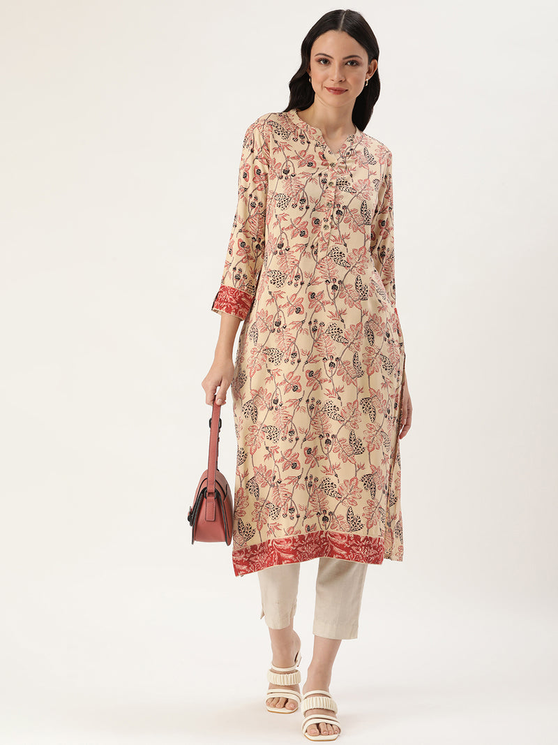 Beige Floral Printed Straight Cut Kurta