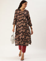 Black & Beige Floral Printed Straight Cut Kurta