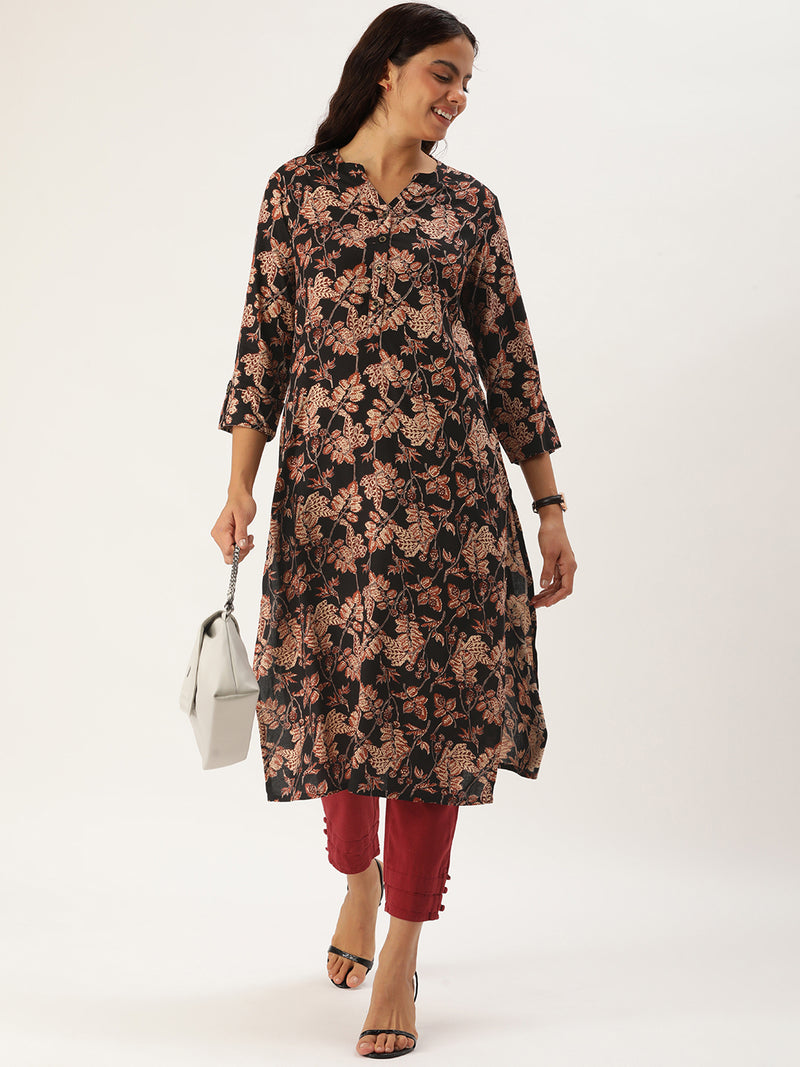 Black & Beige Floral Printed Straight Cut Kurta